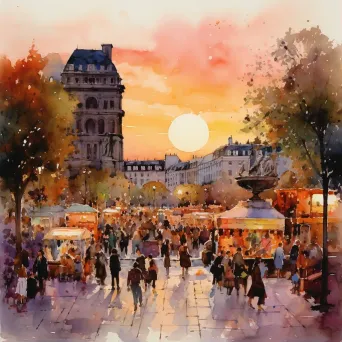 Watercolor painting of a bustling city square at twilight filled with sculptures and busy vendors - Image 1