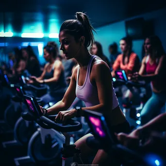 Participants engaged in a vibrant spinning class. - Image 1