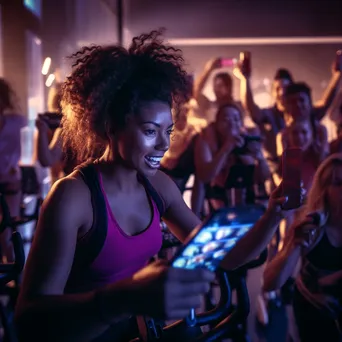 Participants engaged in a vibrant spinning class. - Image 2