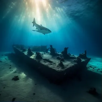 Remnants of shipwreck on sandy seabed with sharks underwater - Image 1