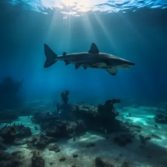 Remnants of Shipwreck on Sandy Seabed with Sharks