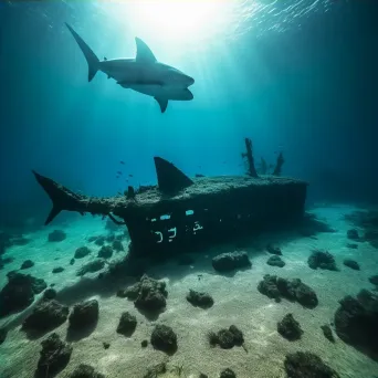 Remnants of shipwreck on sandy seabed with sharks underwater - Image 4