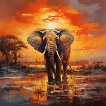 Impressionistic style painting of an elephant under a fiery sunset in the Savannah - Image 2