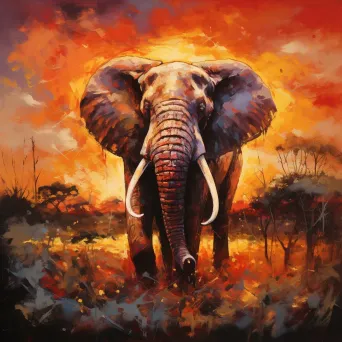 Impressionistic style painting of an elephant under a fiery sunset in the Savannah - Image 3