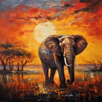 Impressionistic style painting of an elephant under a fiery sunset in the Savannah - Image 4