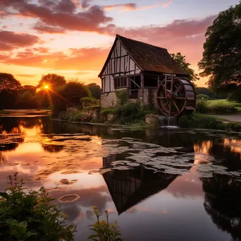 Watermill reflecting in still water during golden hour - Image 2