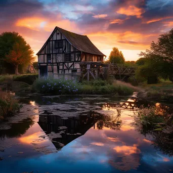 Watermill reflecting in still water during golden hour - Image 3