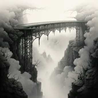 Suspension bridge enveloped in mist over an abyss - Image 3