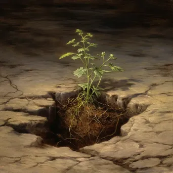 Artistic depiction of seedling sprouting from cracked earth, symbolizing resilience and growth - Image 1