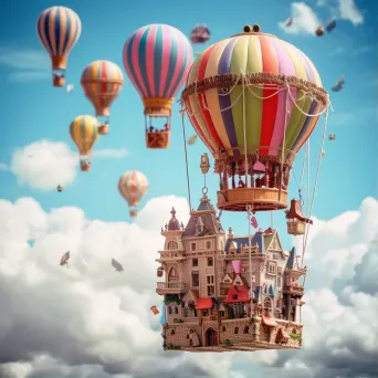 Floating city of hot air balloons in the clouds with whimsical creatures - Image 1