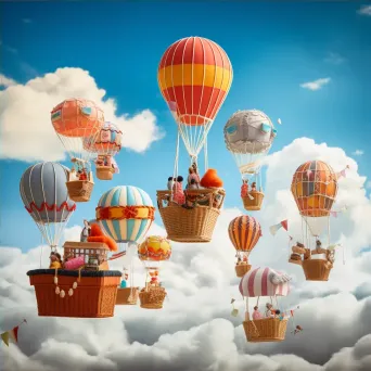 Floating city of hot air balloons in the clouds with whimsical creatures - Image 4