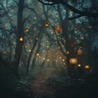 A forest path illuminated with floating lanterns surrounded by whimsical creatures and mist. - Image 1