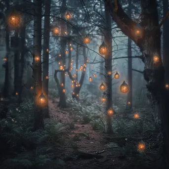 A forest path illuminated with floating lanterns surrounded by whimsical creatures and mist. - Image 2