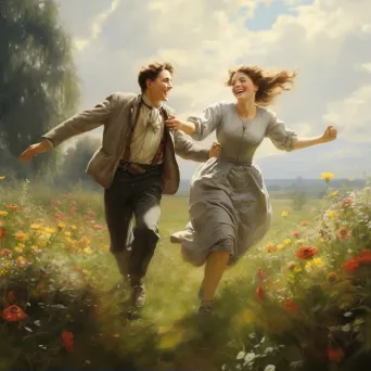 Image of a young couple playfully chasing in a blooming meadow, embodying the joy of new love - Image 1