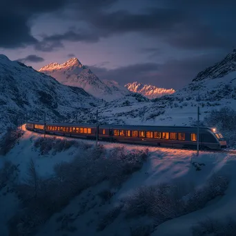 Luxury sleeper train in snowy mountains at twilight - Image 2