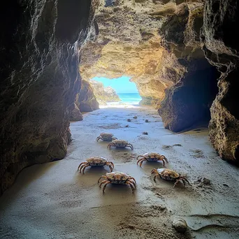 Crabs on sandy floor of coastal cave - Image 1