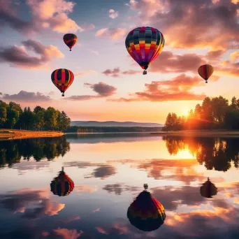 Hot air balloons over a peaceful lake reflecting the sunset colors - Image 1