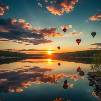 Hot air balloons over a peaceful lake reflecting the sunset colors - Image 3