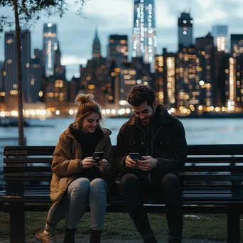 Couple using phone for digital payment on park bench - Image 1