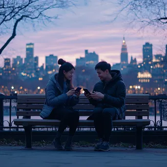 Couple using phone for digital payment on park bench - Image 2