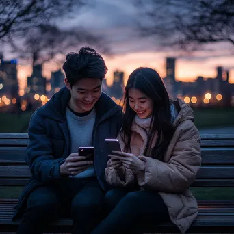 Couple using phone for digital payment on park bench - Image 3