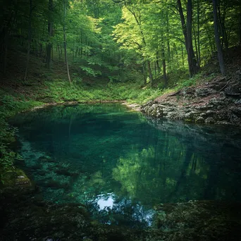 A secluded thermal spring hidden in a dense, vibrant green forest. - Image 1