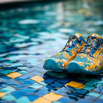 Water shoes and pool tiles at the edge of a pool - Image 1