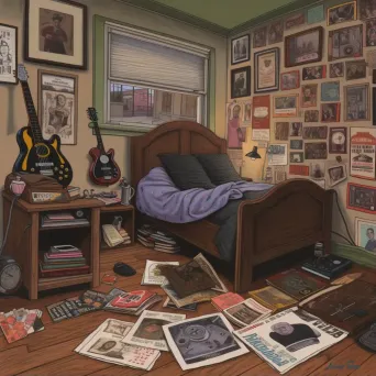 Cozy 1980s bedroom with rock band posters and vinyl records - Image 1