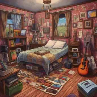 Cozy 1980s bedroom with rock band posters and vinyl records - Image 3