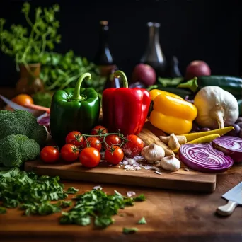 Top view of fresh vegetables and herbs on a kitchen counter with chopping board and knife - Image 3