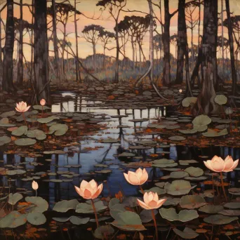 Tranquil pond with lotus flowers and dead leaves - Image 1