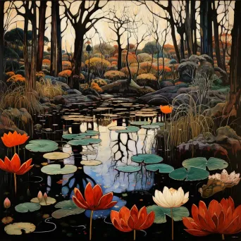 Tranquil pond with lotus flowers and dead leaves - Image 2