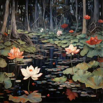 Tranquil pond with lotus flowers and dead leaves - Image 4