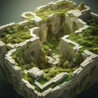 Isometric view of a low poly ancient labyrinth with moss-covered walls - Image 1