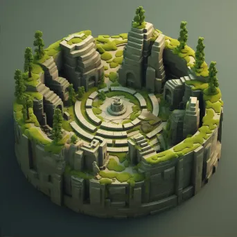 Isometric view of a low poly ancient labyrinth with moss-covered walls - Image 2