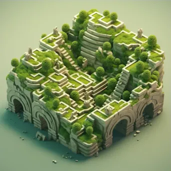 Isometric view of a low poly ancient labyrinth with moss-covered walls - Image 3