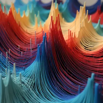 Vibrantly colored string art installation demonstrating sound waves