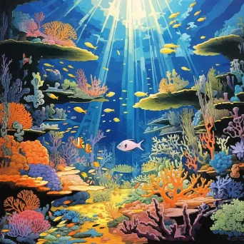 Colorful coral reef bustling with marine life, illuminated by sunlight filtering through clear blue water - Image 2