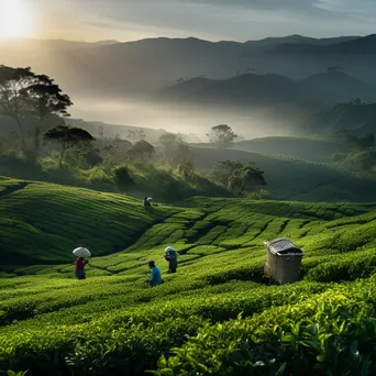 Tea workers harvesting leaves in a misty plantation at dawn - Image 2