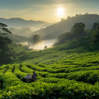 Tea workers harvesting leaves in a misty plantation at dawn - Image 3