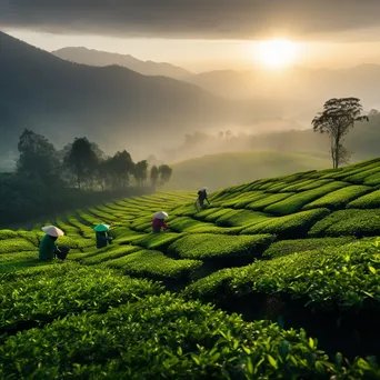 Tea workers harvesting leaves in a misty plantation at dawn - Image 4