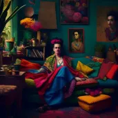 Frida Kahlo in art-filled home immersed in art creation - Image 3