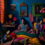 Frida Kahlo in art-filled home immersed in art creation - Image 4