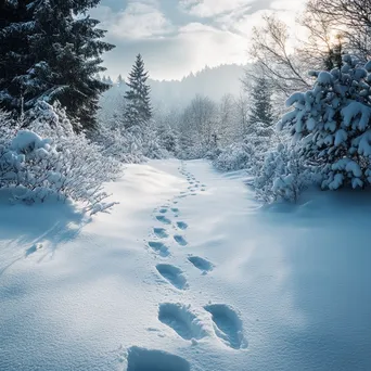 Winter hiking trail with footprints leading through a snowy landscape. - Image 1