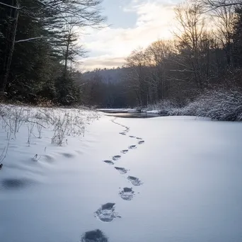 Winter hiking trail with footprints leading through a snowy landscape. - Image 3