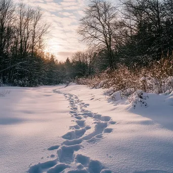 Winter hiking trail with footprints leading through a snowy landscape. - Image 4