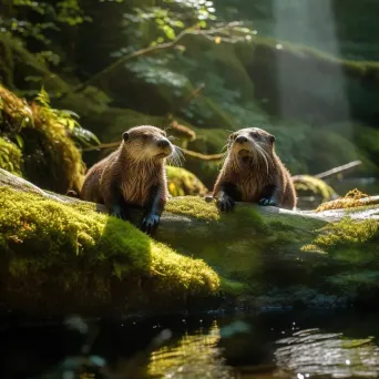 Playful otters sliding into crystal clear water - Image 1