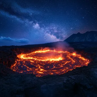 Wide-angle view of a glowing molten lava lake at night with a starry sky - Image 3