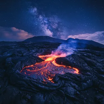 Wide-angle view of a glowing molten lava lake at night with a starry sky - Image 4