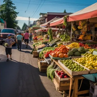 Small town street market with vendors selling fresh produce and goods in a bustling atmosphere - Image 2